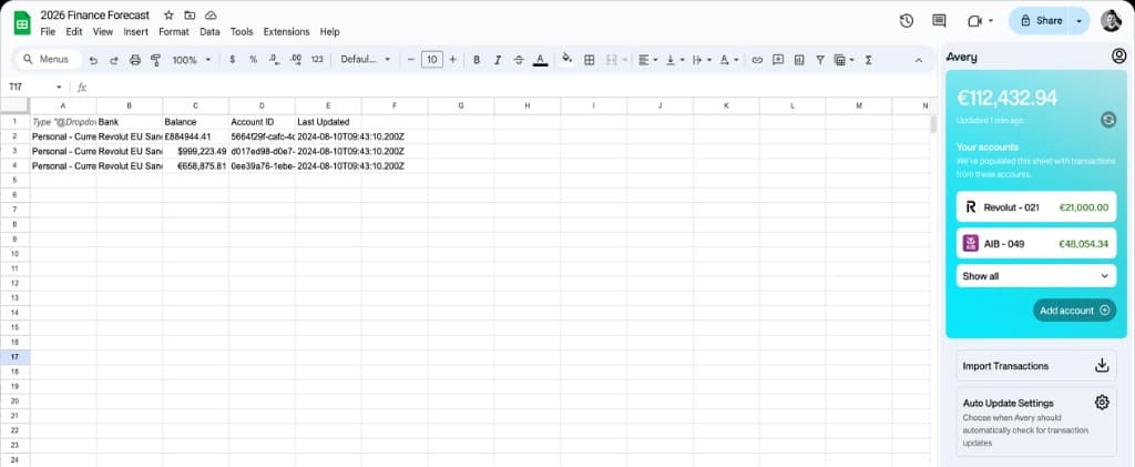 Avery running inside Google Sheets with a live financial dashboard