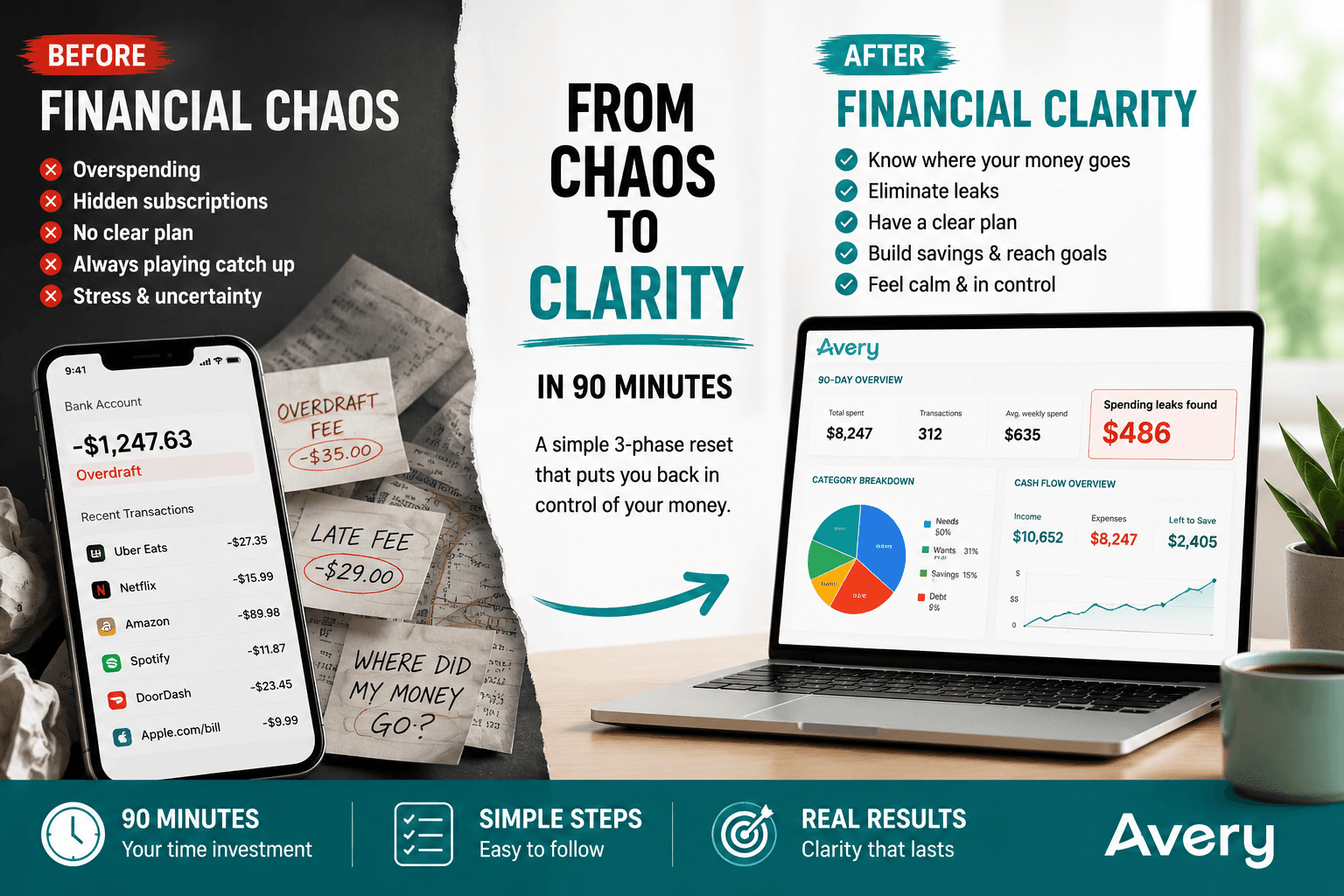 Before and after slide showing financial chaos turning into financial clarity in 90 minutes