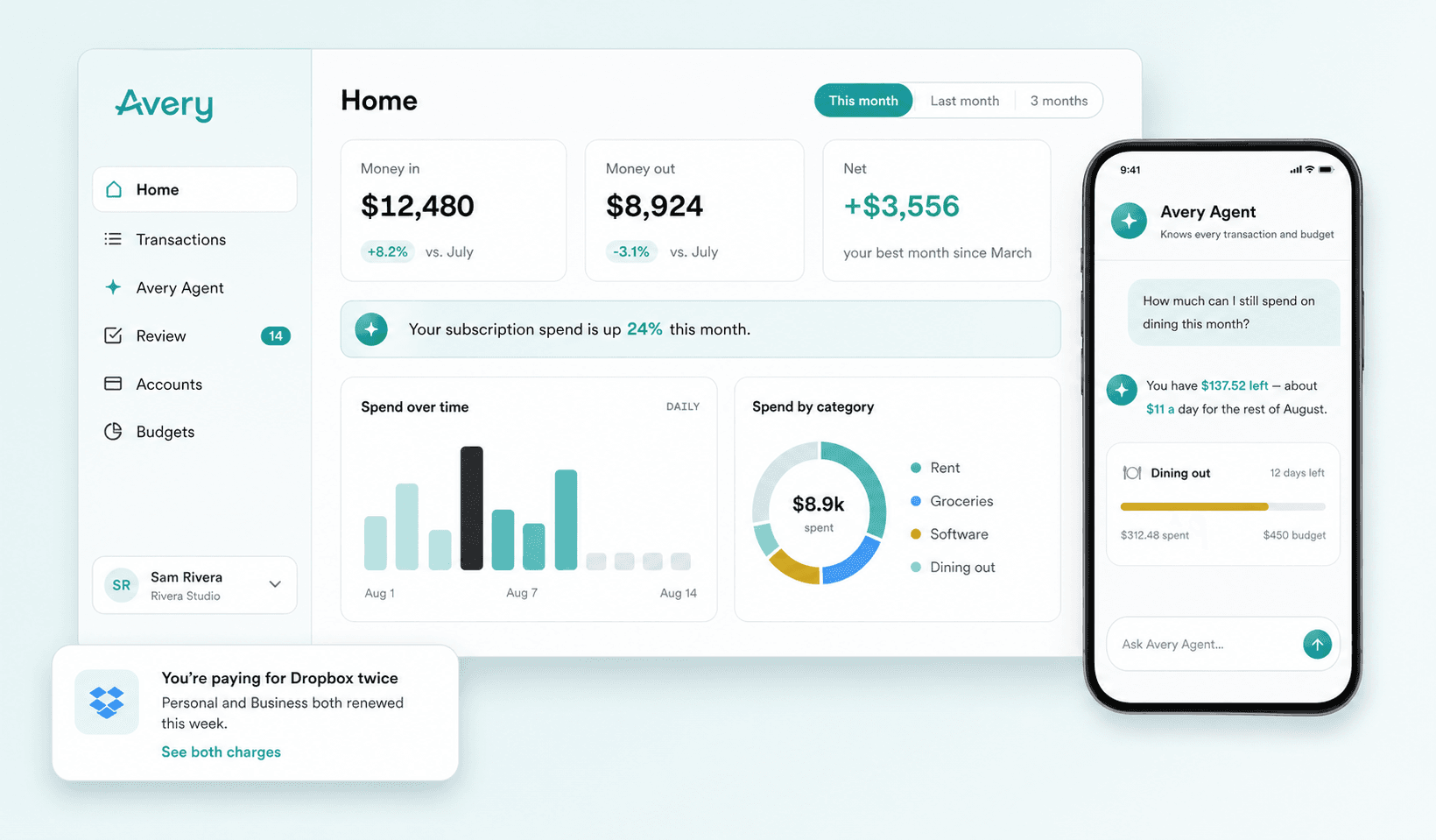 Avery web dashboard and Avery Agent mobile assistant showing synchronized spending and budget insights